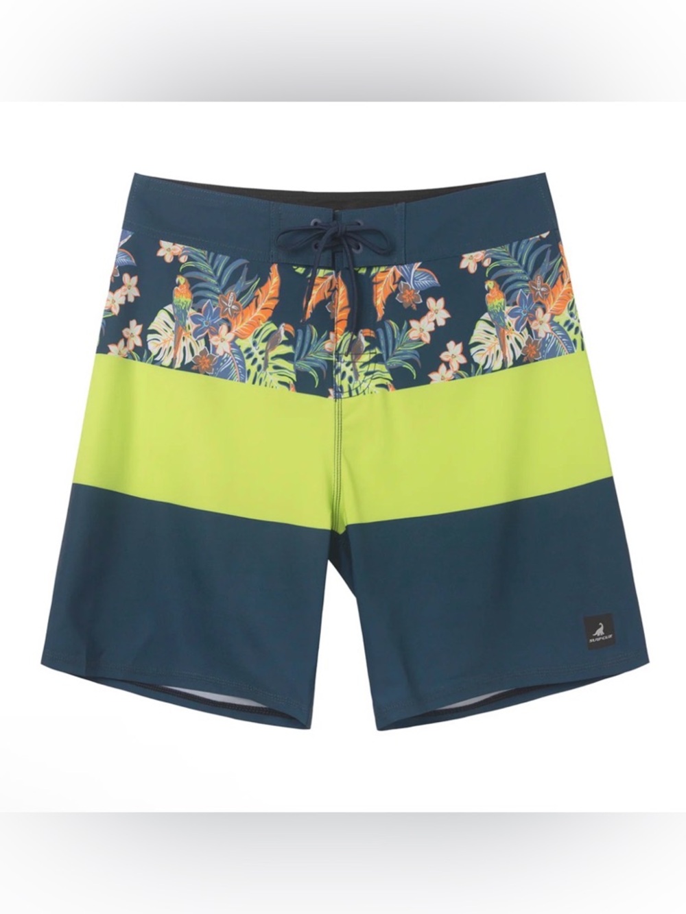Surf Cuz 4 way Stretch Men's Floral Tropical Navy & Lime Board Shorts Large